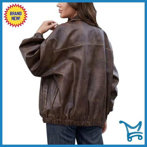 Oversized Faux Leather Motorcycle Jacket Y2K Vintage Plus Size - Picture 3 of 8